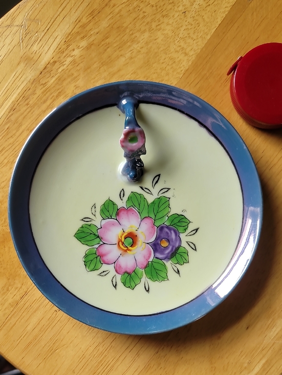 Source Unknown Other - Vintage Japanese Lemon Luster Ware Plate. Blue Rim, Pink & Purple Flowers